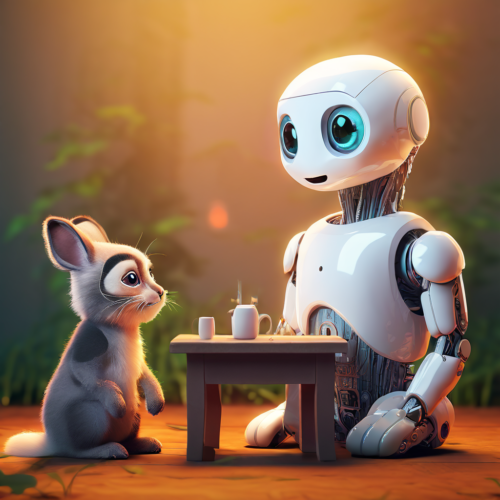 Pupu ja robotti istuvat matalan pöydän ääressä juttelemassa.
